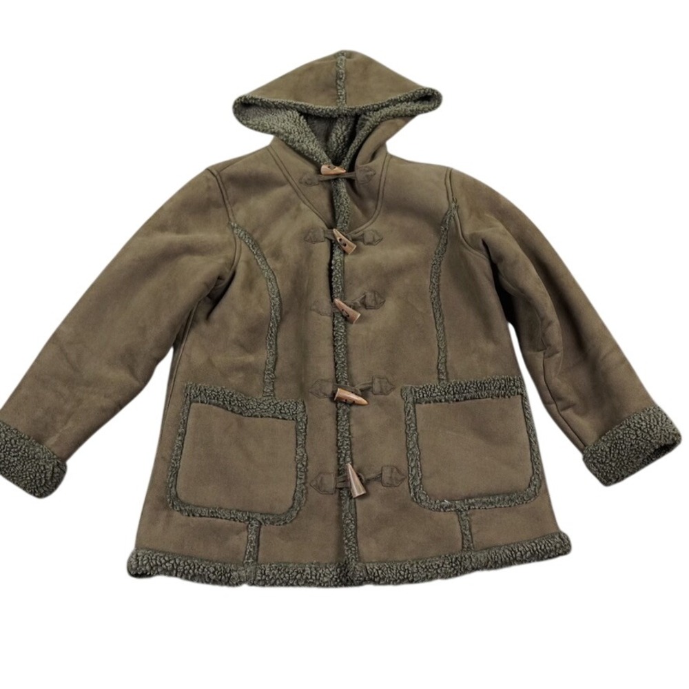 VTG LL Bean Faux Shearling Hooded Toggle Coat Small Petite Brown Olive Fleece